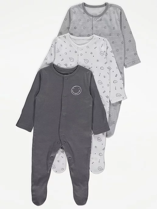 Grey Smiley Face Print Sleepsuits 3 Pack