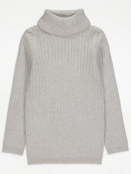 Light Grey Rib Knit Roll Neck Longline Jumper