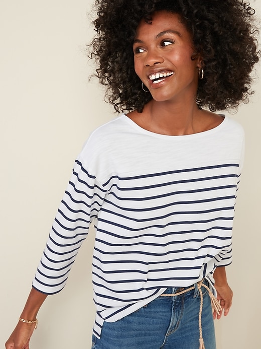 Thick-Knit Striped 3/4-Sleeve Boat-Neck Tee for Women