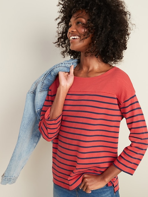 Thick-Knit Striped 3/4-Sleeve Boat-Neck Tee for Women
