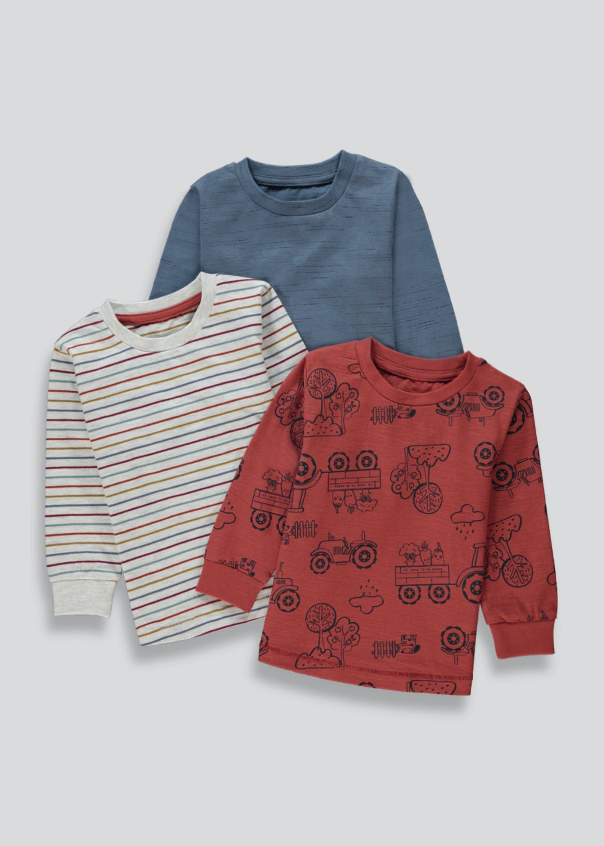 Boys 3 Pack Long Sleeve Tractor Print T-Shirts (9mths-6yrs)