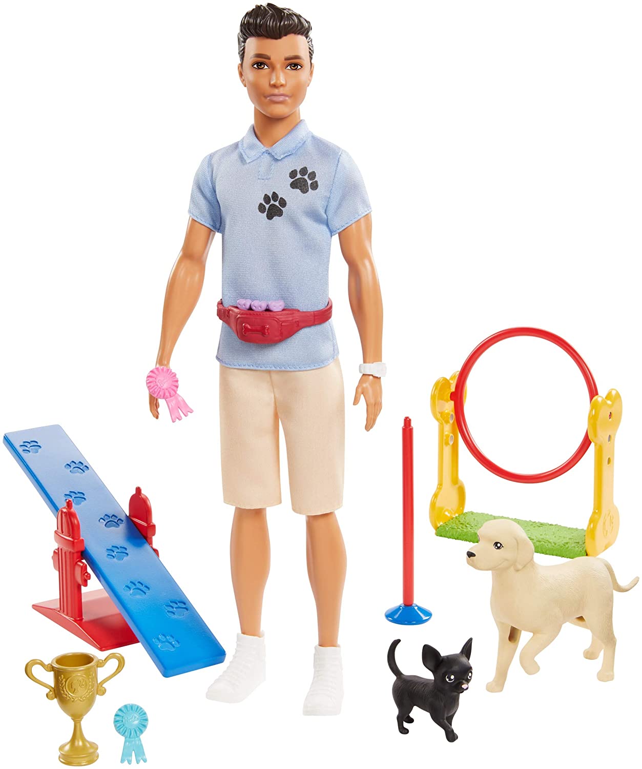 ​Ken Dog Trainer Playset with Doll, 2 Dog Figures, Hoop Ring, Balance Bar, Jumping Bar, Trophy and 2 Winner Ribbon