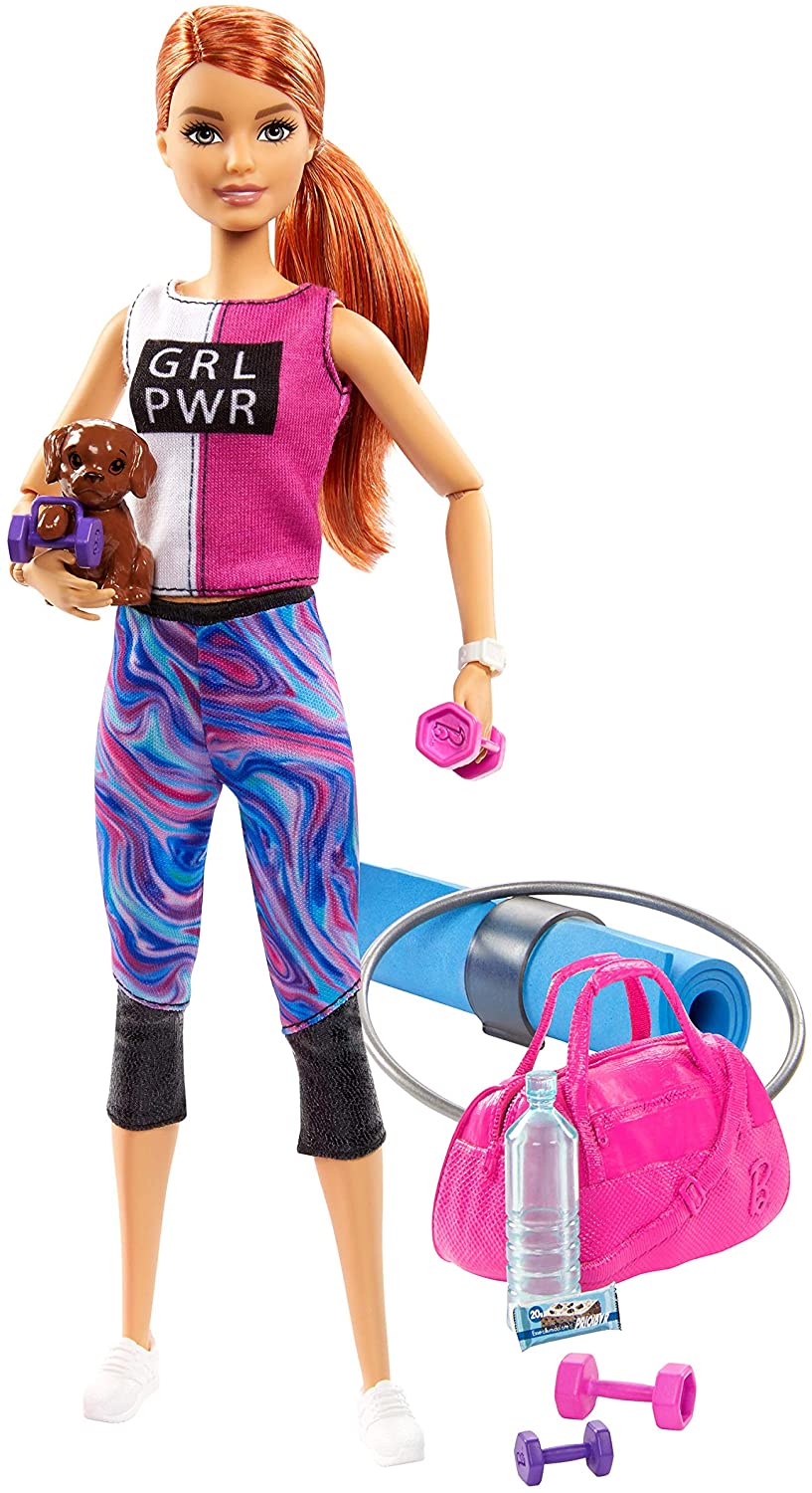 ​Barbie Fitness Doll, Red-Haired, with Puppy and 9 Accessories, Including Yoga Mat with Strap, Hula Hoop and Weights, Gift for Kids 3 to 7 Years Old