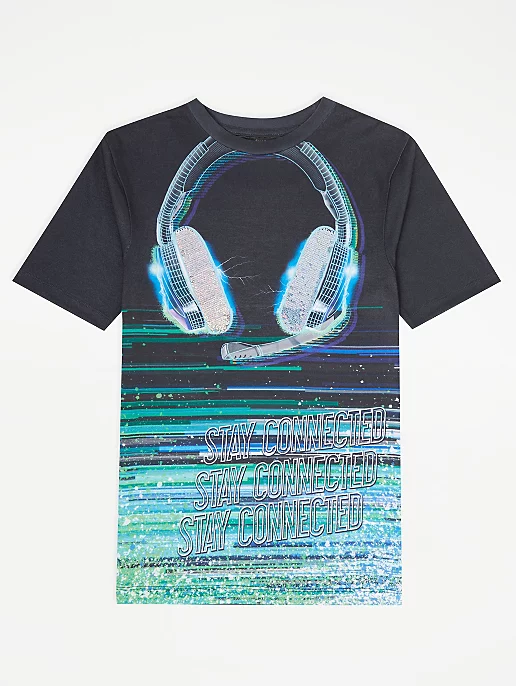 Navy Stay Connected Swipe Sequin Slogan T-Shirt