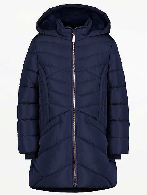 Navy Hooded Longline Chevron Quilted Coat