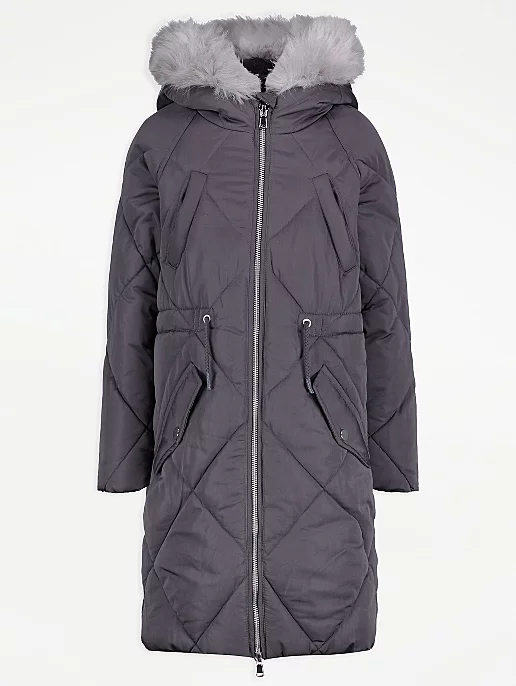 Grey Diamond Quilted Extra Longline Coat