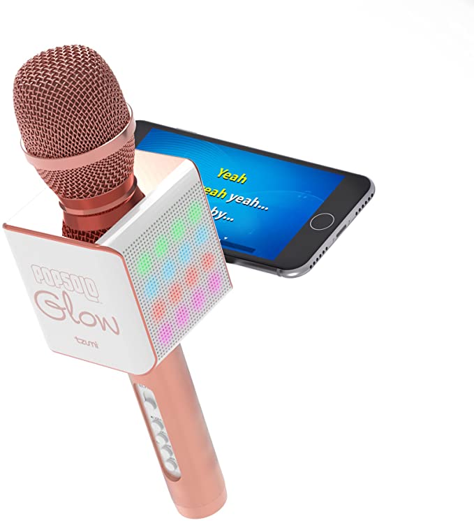 Tzumi PopSolo – Rechargeable Bluetooth Karaoke Microphone and Voice Mixer with Smartphone Holder – Great for All Ages (Rose Gold Glow)
