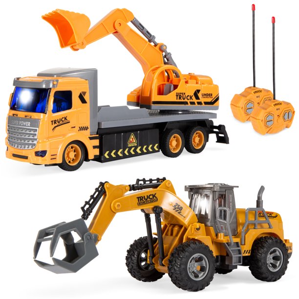 Best Choice Products 2-Pack Remote Control Excavator Digger Truck Construction Toy RC Cars w/ LED Lights, 2 Controllers