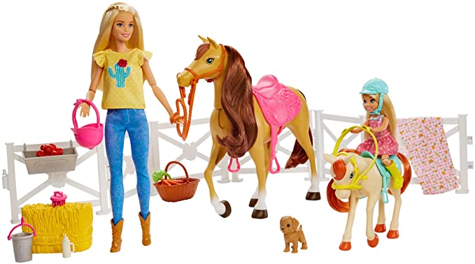 Barbie Hugs 'n Horses Playset and Chelsea Dolls, 2 Horses and 15+ Accessories for Kids 3 Years Old and Up