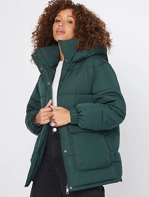 Dark Green High Neck Hooded Padded Coat