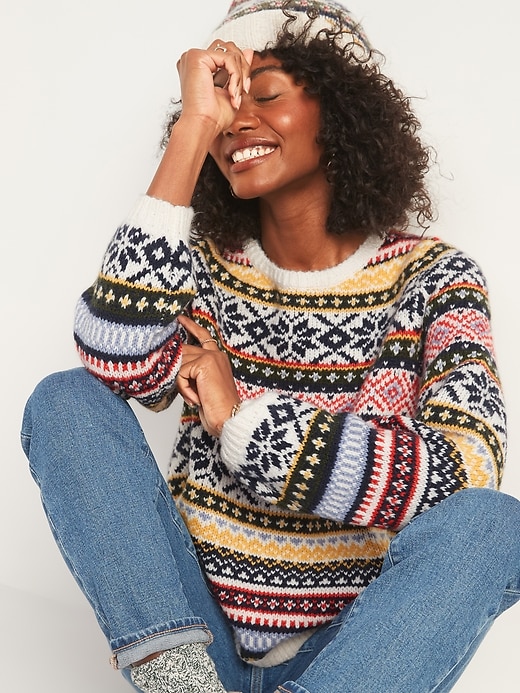Cozy Fair Isle Blouson-Sleeve Sweater for Women