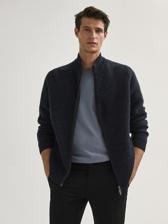 Three-tone wool/cashmere cardigan