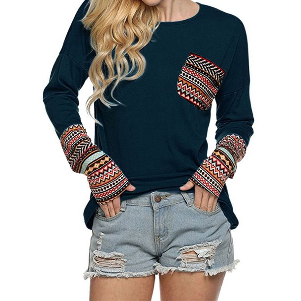 Nlife Women's Long Sleeve Round Neck Boho Print Cuff Top