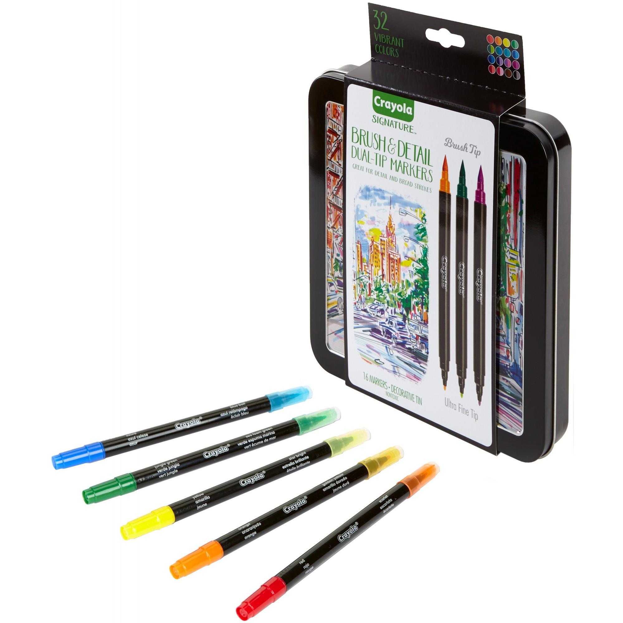 Crayola Signature Brush & Detail Dual-Tip Markers Decorative Tin, Child, 16 Count