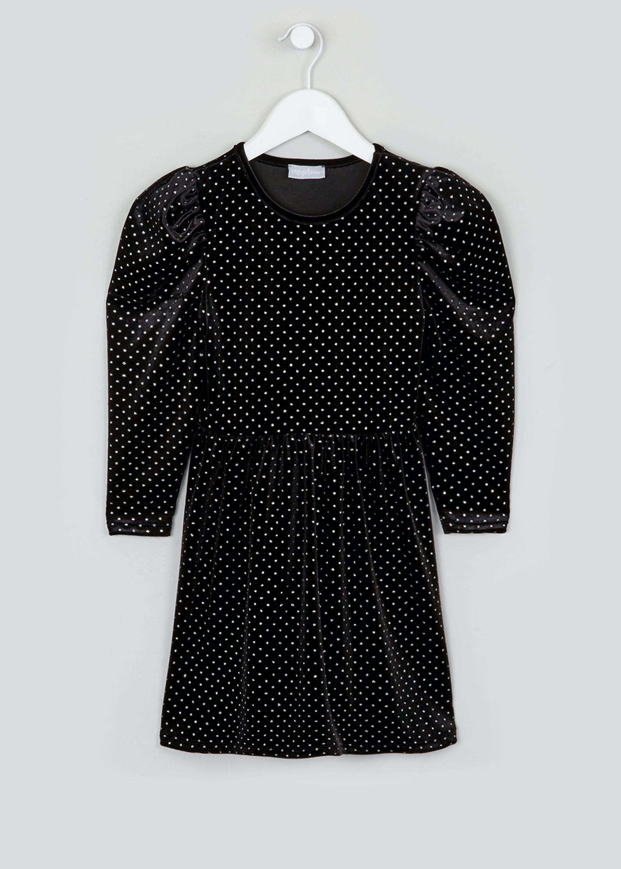 Girls Black Polka Dot Velvet Skater Dress (4-13yrs)