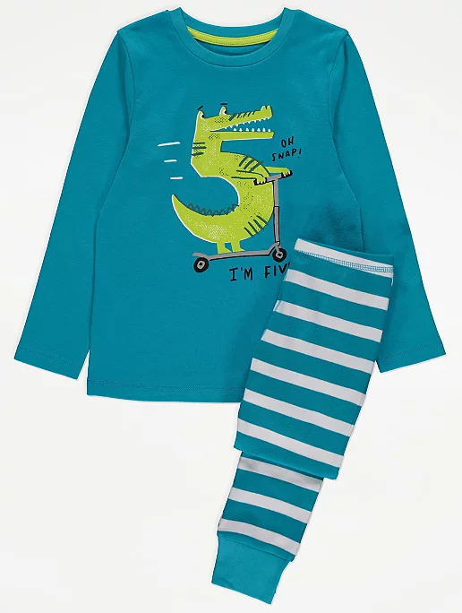 Blue Crocodile Print I’m Five Slogan Pyjamas