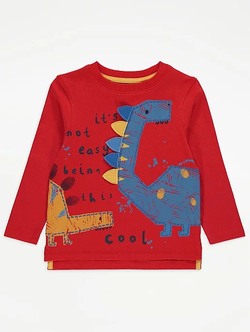 Red Dinosaur Print Slogan Long Sleeve Top