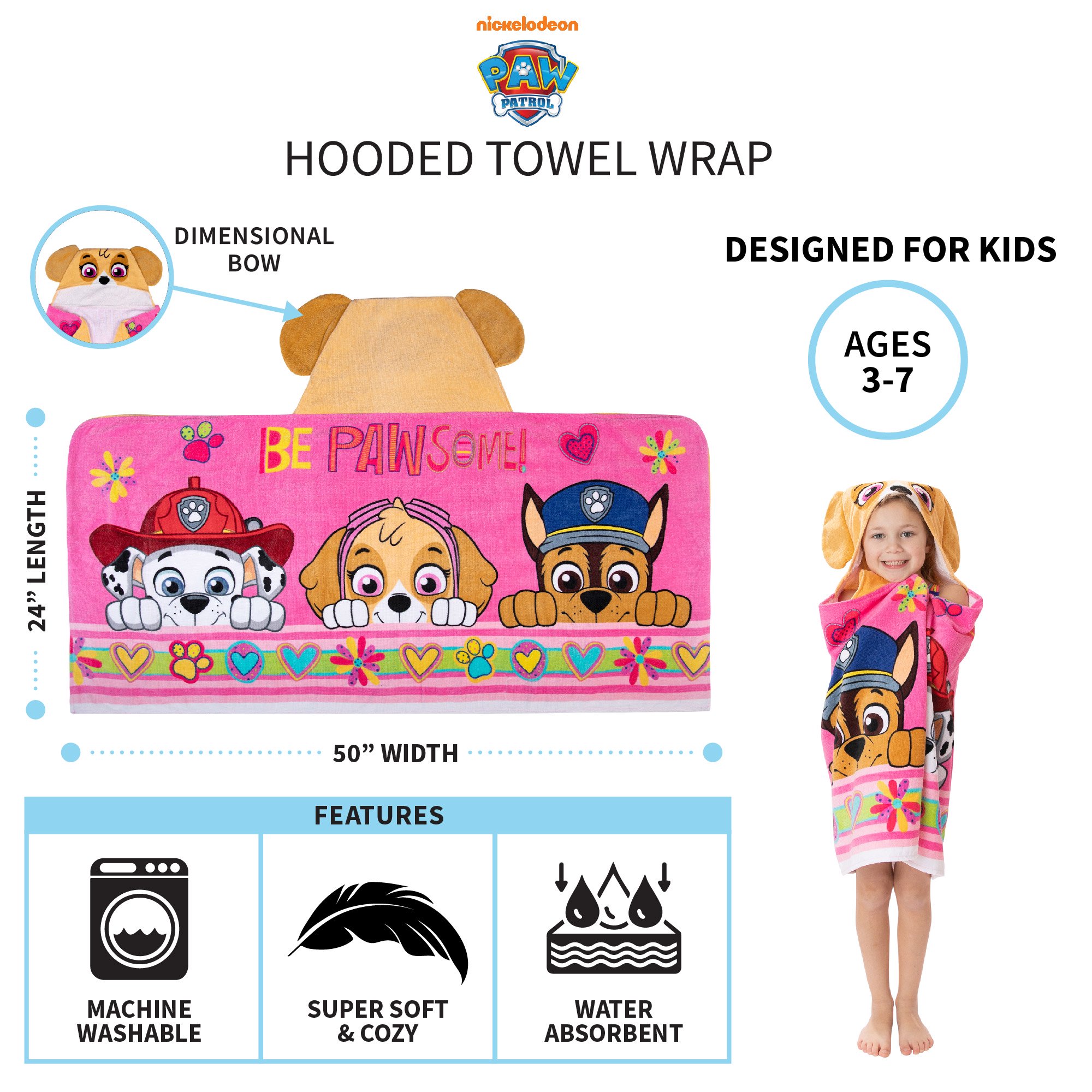 PAW Patrol Kids Bath and Beach Hooded Towel Wrap, 100%