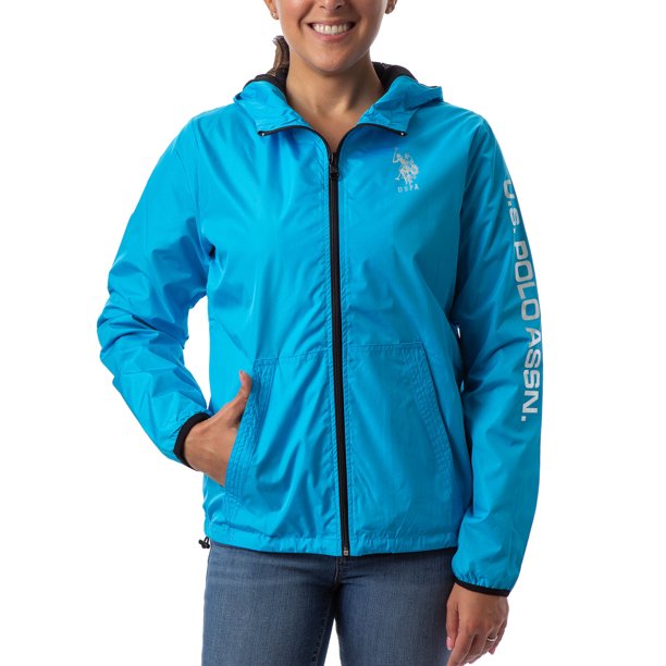 US Polo Assn. Women's Side Print Hooded Rain Jacket Windbreaker