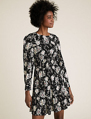 Floral Round Neck Mini Waisted Dress