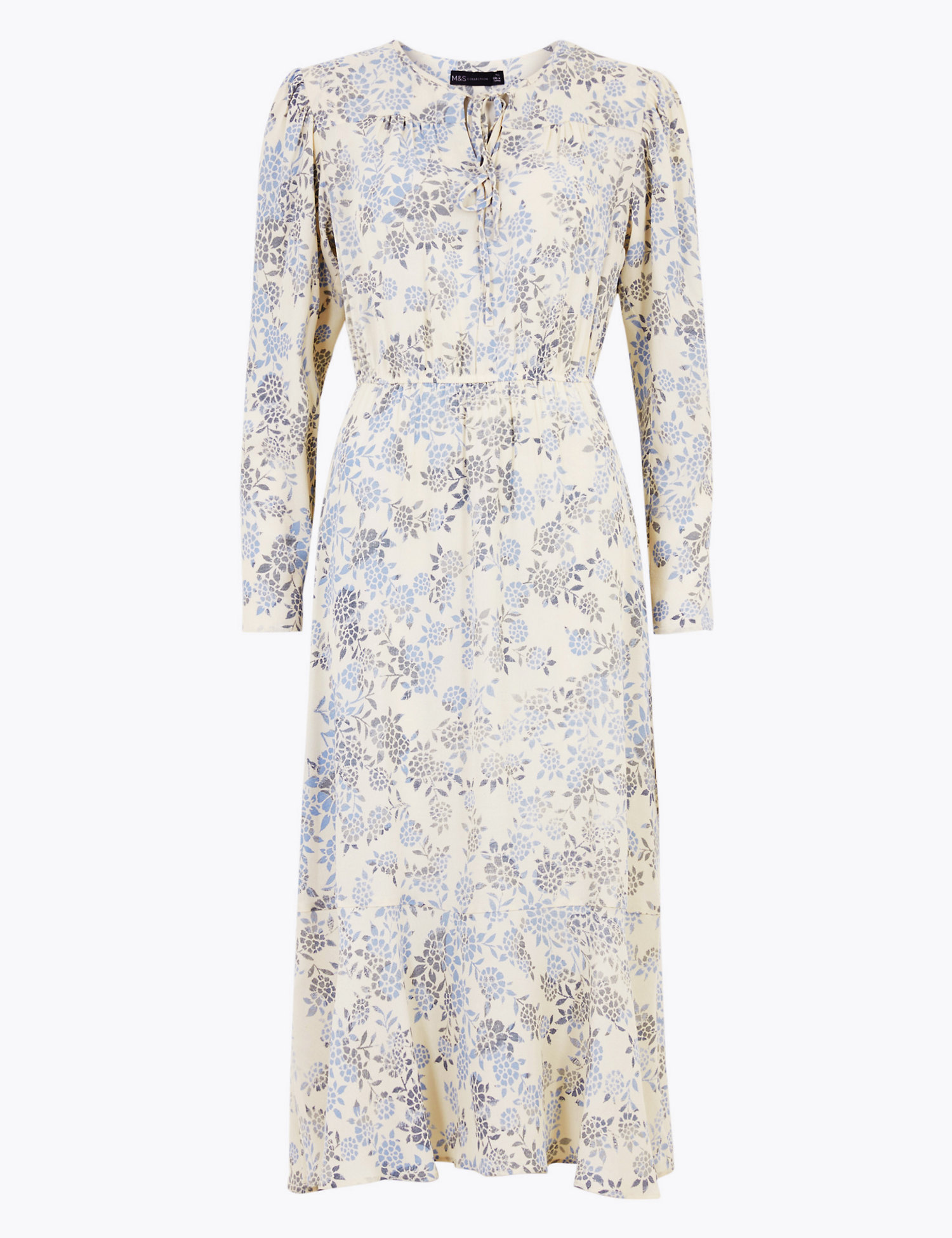 Floral Tie Neck Midi Waisted Dress