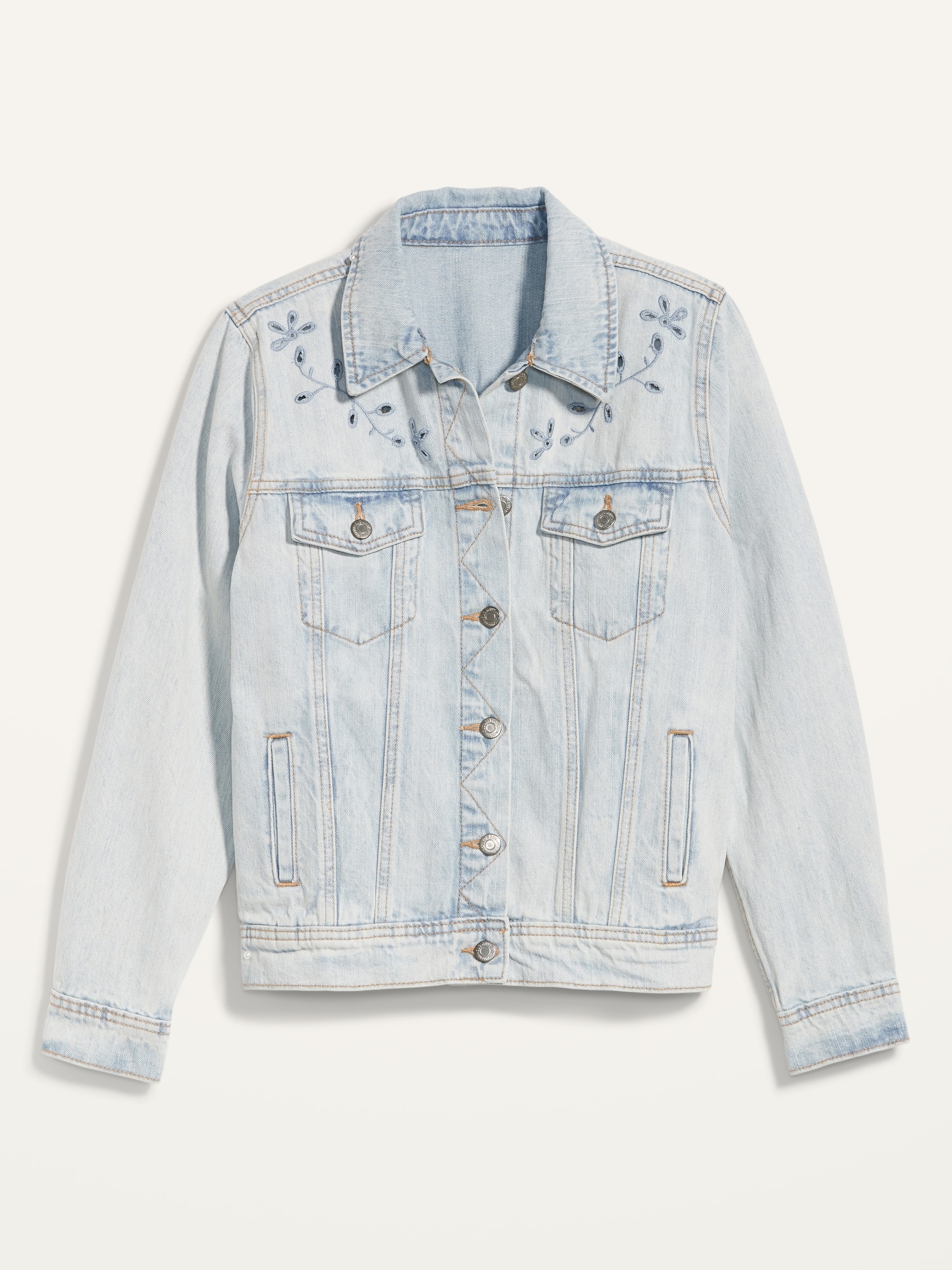 Light-Wash Embroidered-Cutwork Jean Jacket for Women