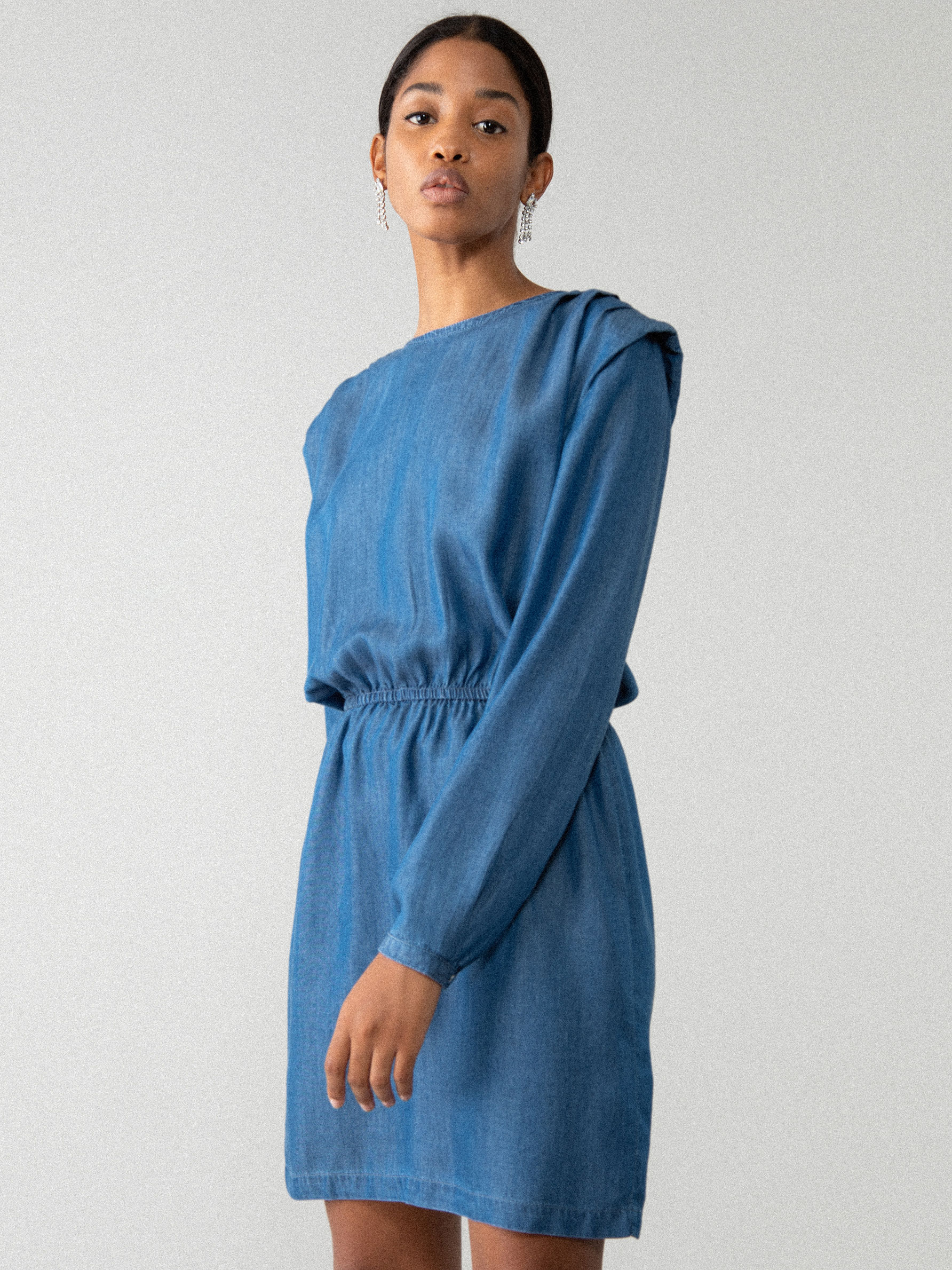 Denim dress with shoulder pads