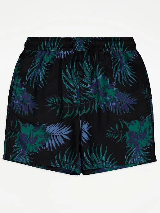 Black Leaf Print Swim Shorts