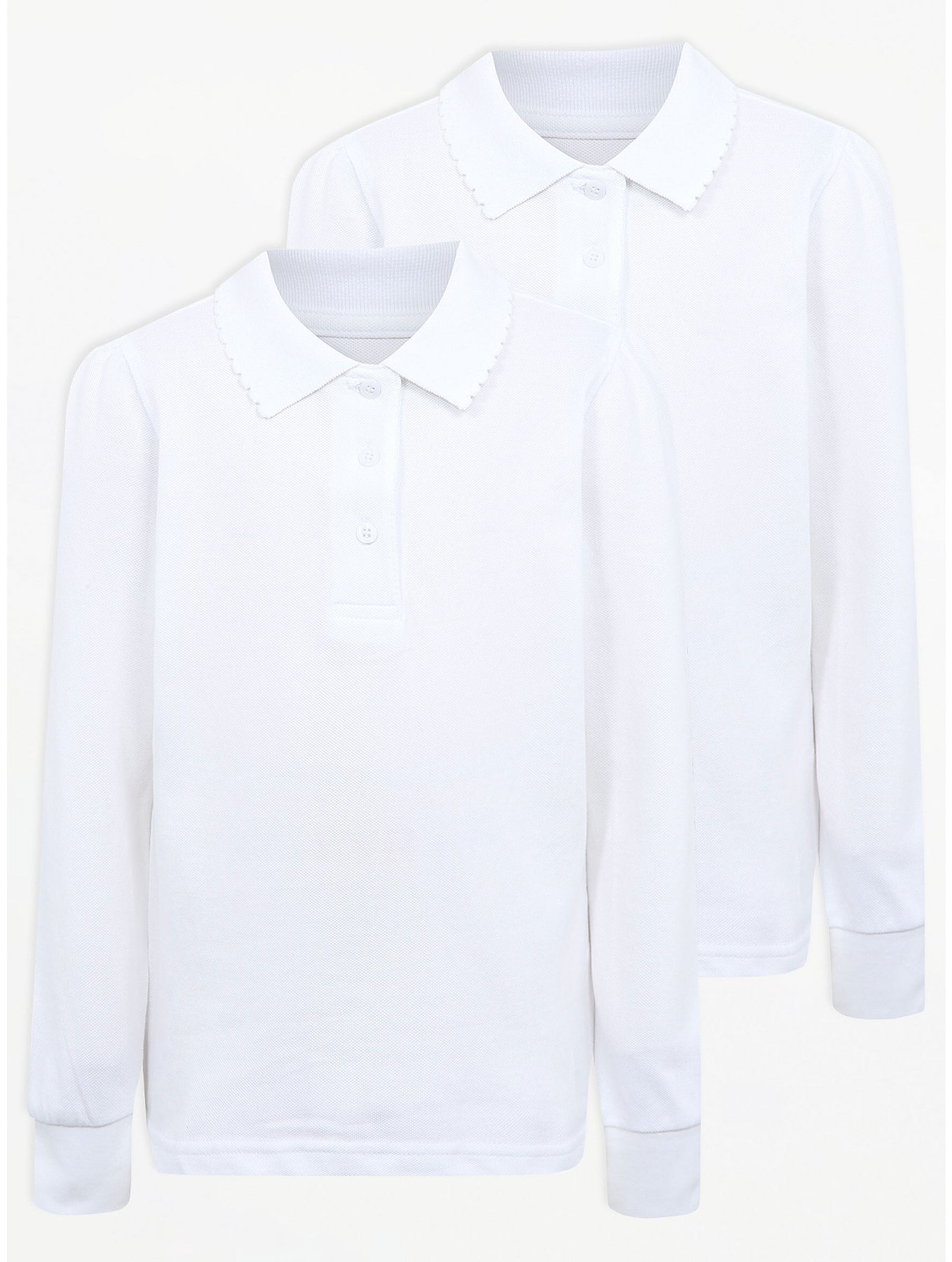 Girls White Long Sleeve Scallop School Polo 2 Pack