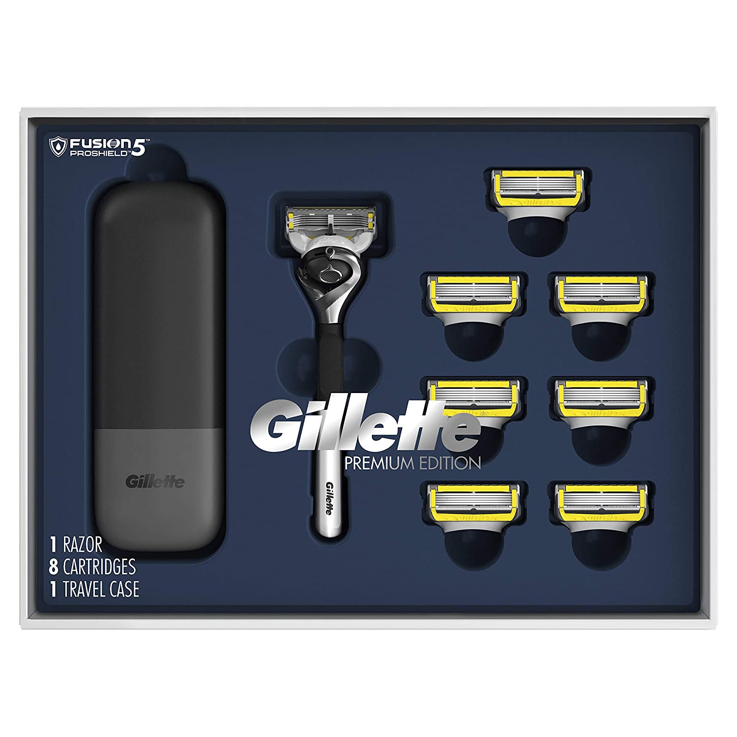 Gillette ProGlide Shield Shave Gift Set for Men - 8 Fusion ProGlide shield Blade Refills,1 Razor Handle, 1 Razor Cas