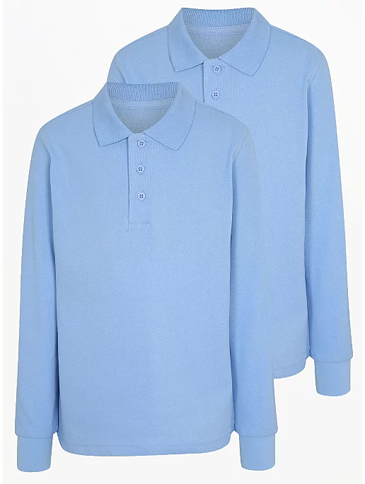 Boys Light Blue Long Sleeve School Polo Shirt 2 Pack