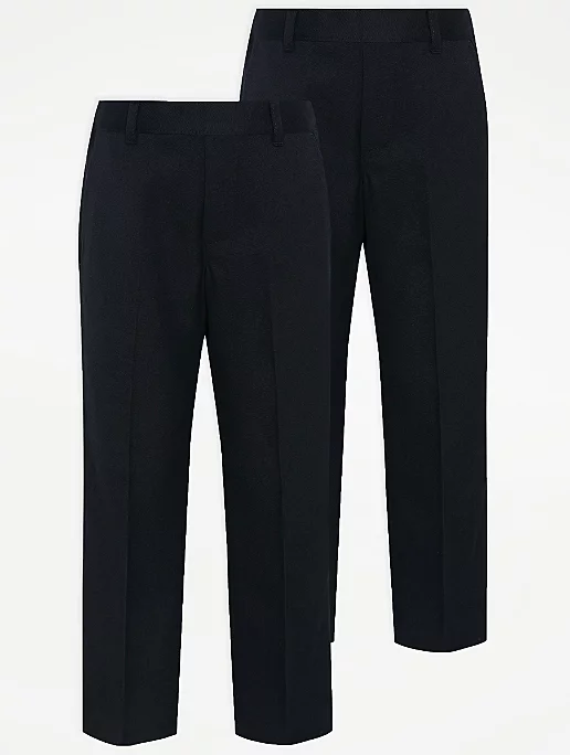Boys Navy Half Elastic School Trousers 2 Pack