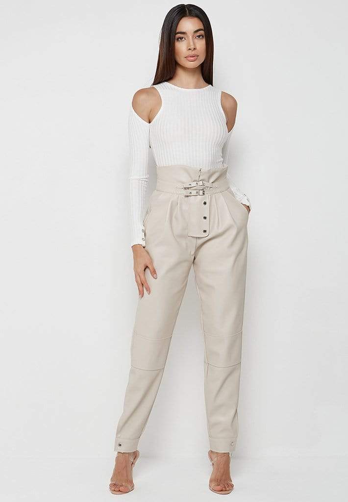HIGH WAISTED VEGAN LEATHER TROUSERS - BEIGE