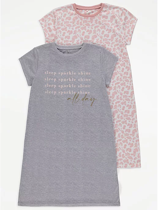 Leopard Print Slogan Nightdresses 2 Pack