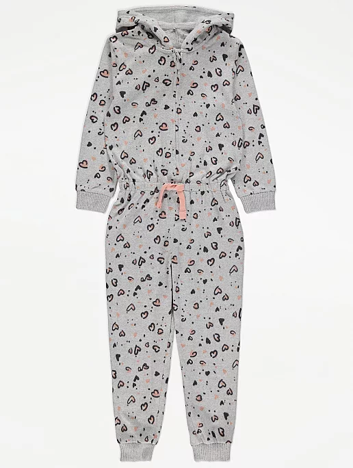 Grey Heart Print Hooded Onesie