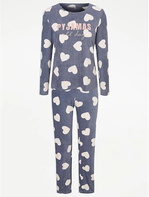Navy Heart Print Fleece Pyjamas Gift Set