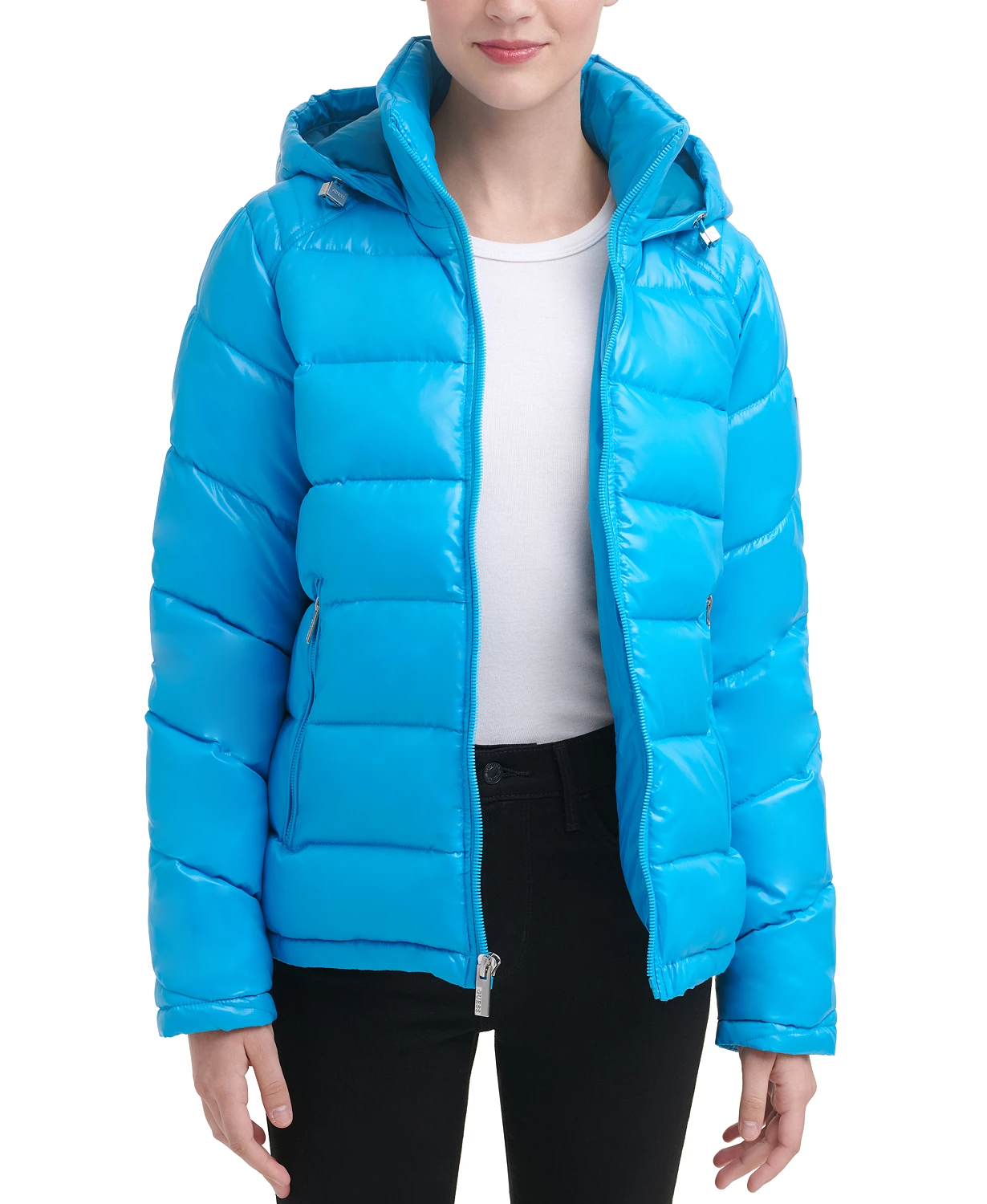 GUESS Women's High-Shine Hooded Puffer Coat