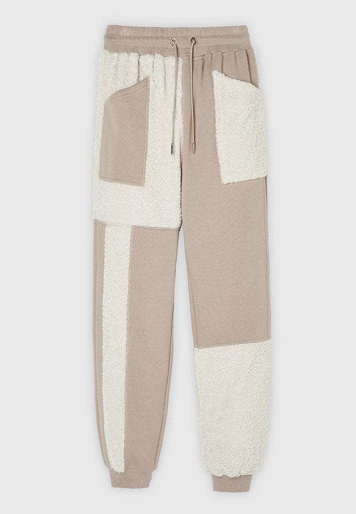 JERSEY & BORG PATCHWORK JOGGERS - BEIGE/WHITE