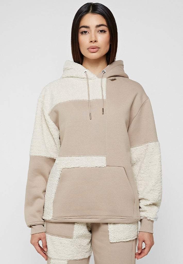 JERSEY & BORG PATCHWORK HOODIE - BEIGE/WHITE