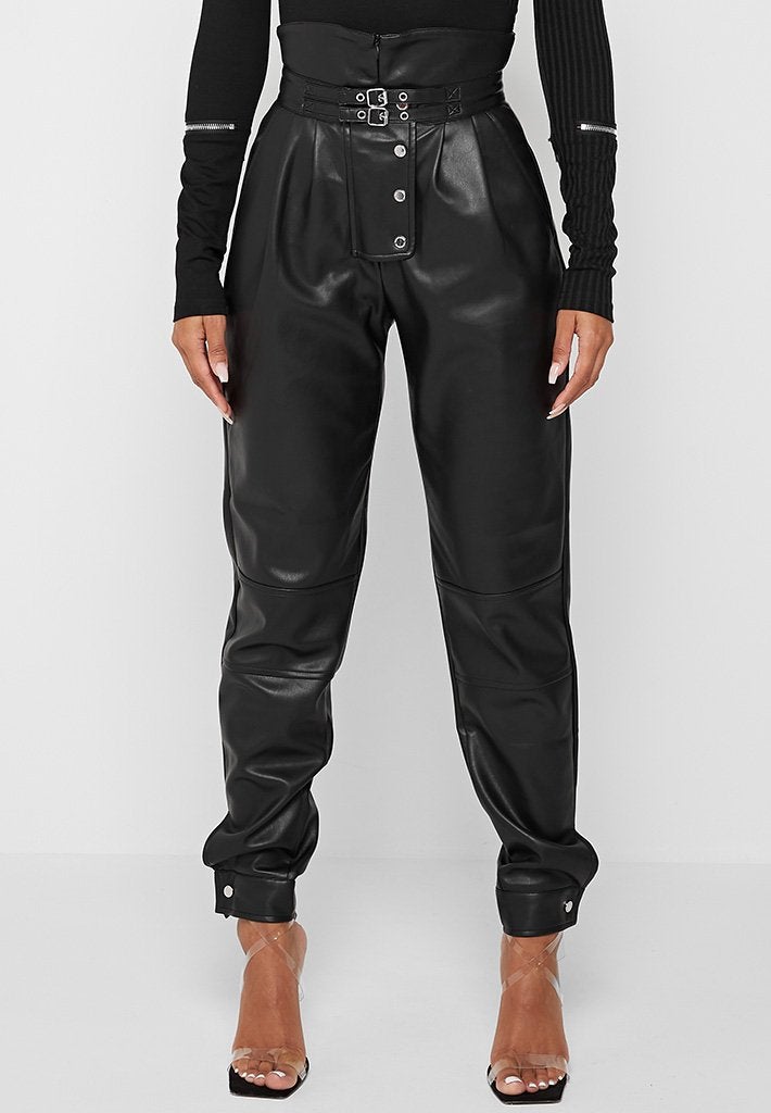 HIGH WAISTED VEGAN LEATHER TROUSERS - BLACK