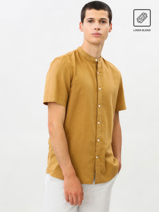 Linen-cotton shirt with stand-up collar