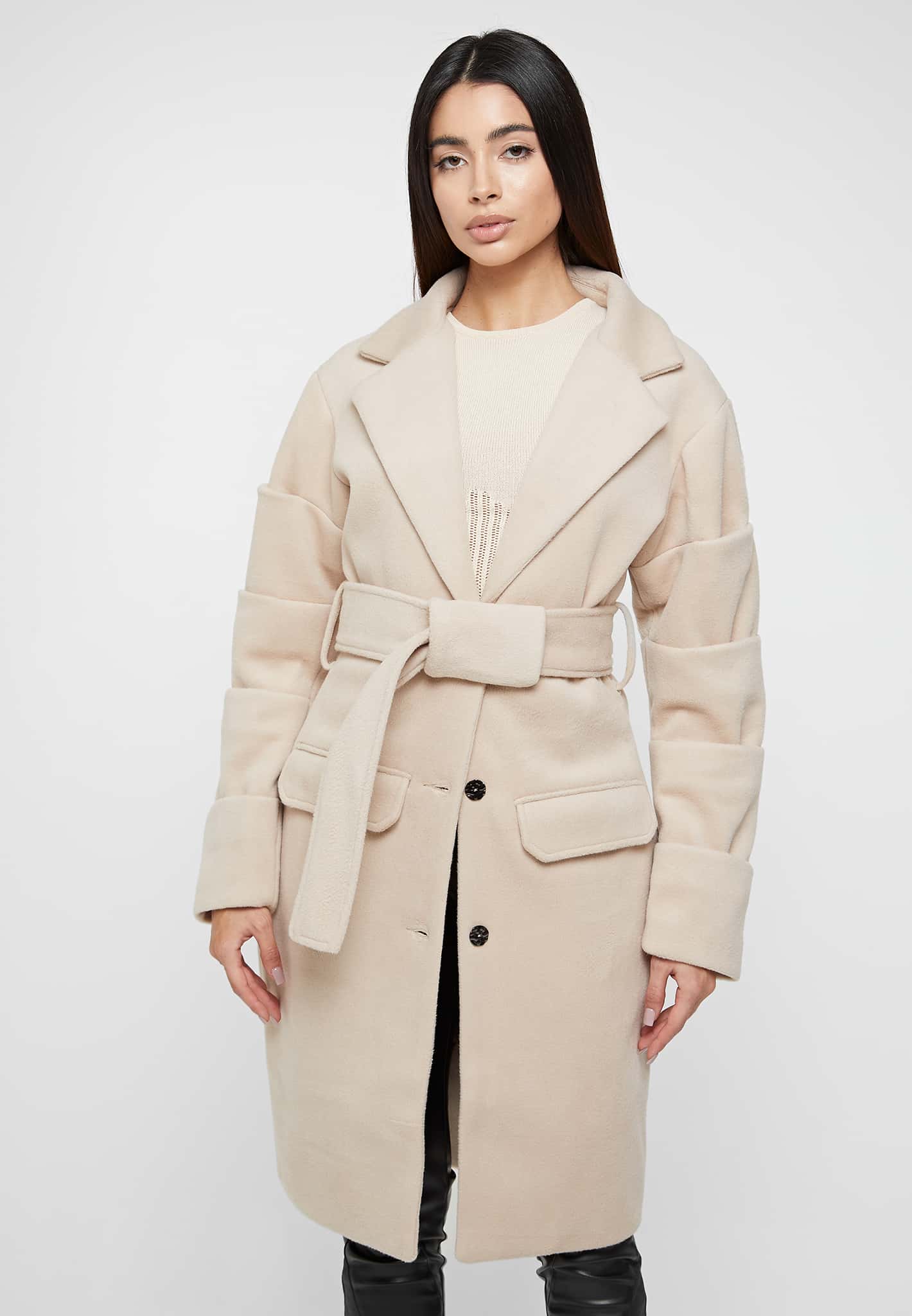 TACKED SLEEVE WOOL OVERCOAT - BEIGE