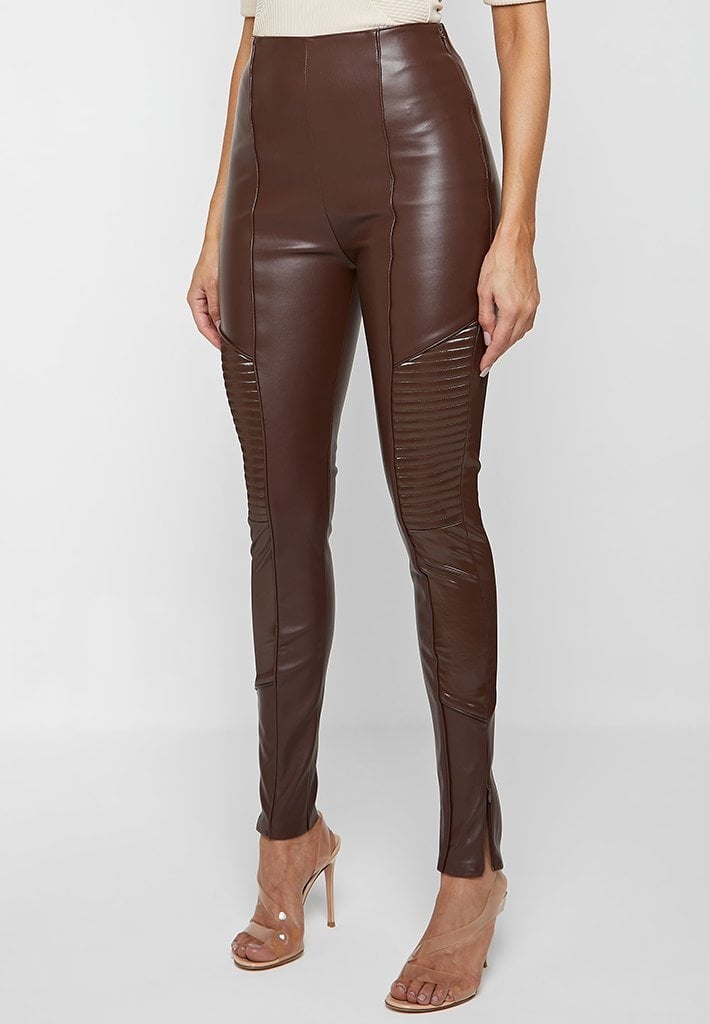 VEGAN LEATHER & PATENT RIBBED LEGGINGS - BROWN