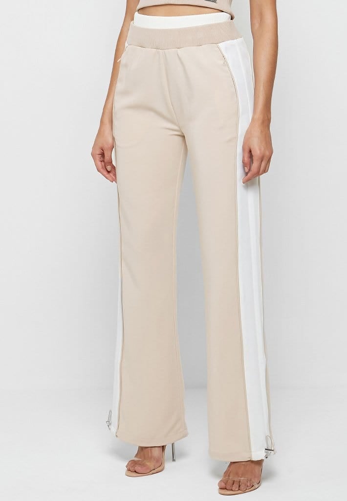 DOUBLE WAISTBAND VISCOSE TRACK PANTS - BEIGE/WHITE