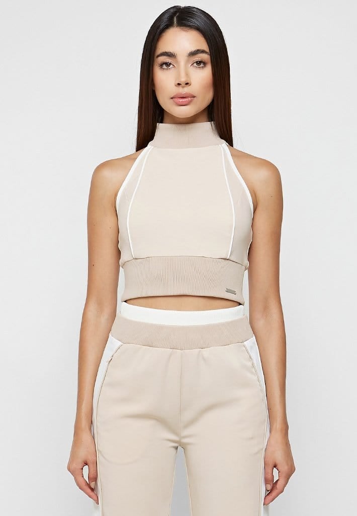 HIGH NECK CONTRAST CROP TOP - BEIGE/WHITE