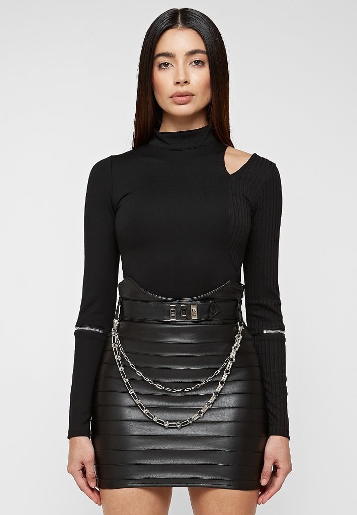 ZIP DETAIL HALF RIBBED BODYSUIT - BLACK