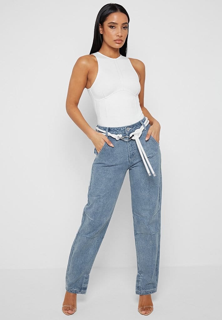 ROPE WAIST MOM JEANS - MID BLUE