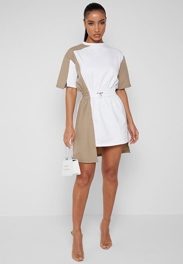 PINSTRIPE T SHIRT DRESS - WHITE/TAUPE