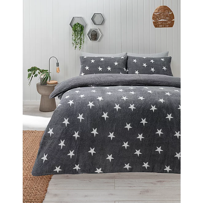 Grey Teddy Star Print Grey Reversible Duvet Set