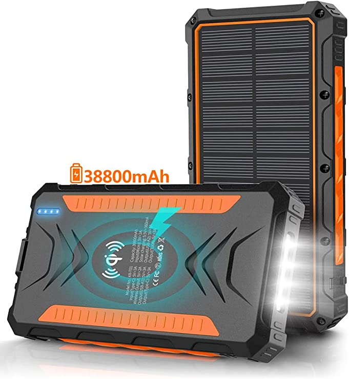 Solar Power Bank 38800mAh, Solar Charger,Portable Charger, Outputs 5V/3A High-Speed & 2 Inputs Huge Capacity Phone Charger for Smartphones,Strong Light LED Flashlights(Orange)